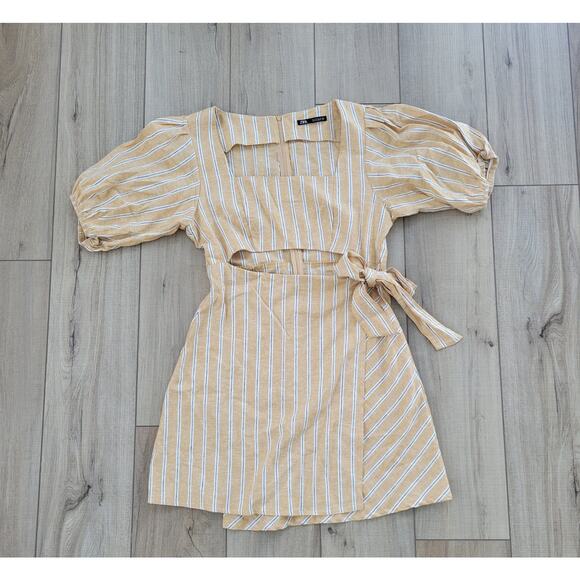 ZARA Linen Blend Striped Yellow/White Mini Cut Out Tie Waist Dress Women Sz L - Picture 3 of 15